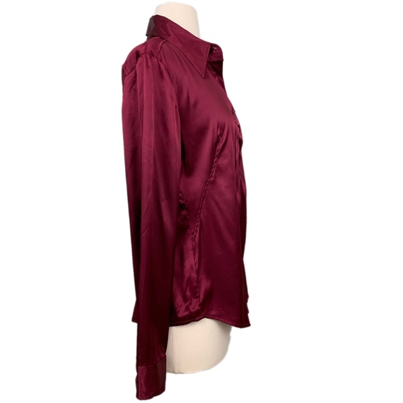 NEW YORK & COMPANY Blouse Shirred Stretch Long Sleeve Wine Medium - Picture 2 of 7